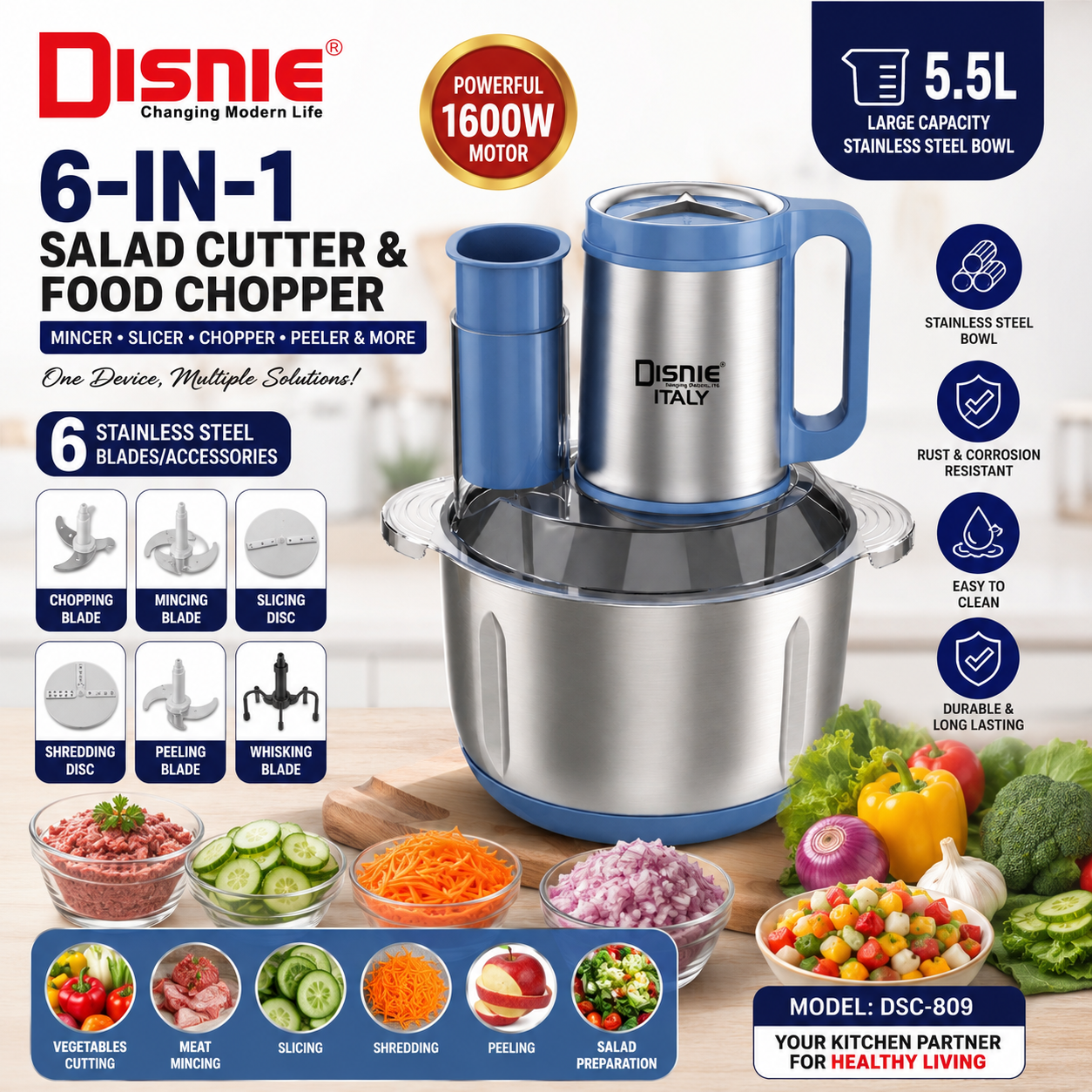 5.5L Disnie 8 in1 DSC-809 Salad Cutter and Food Chopper With Fruits Pleeler